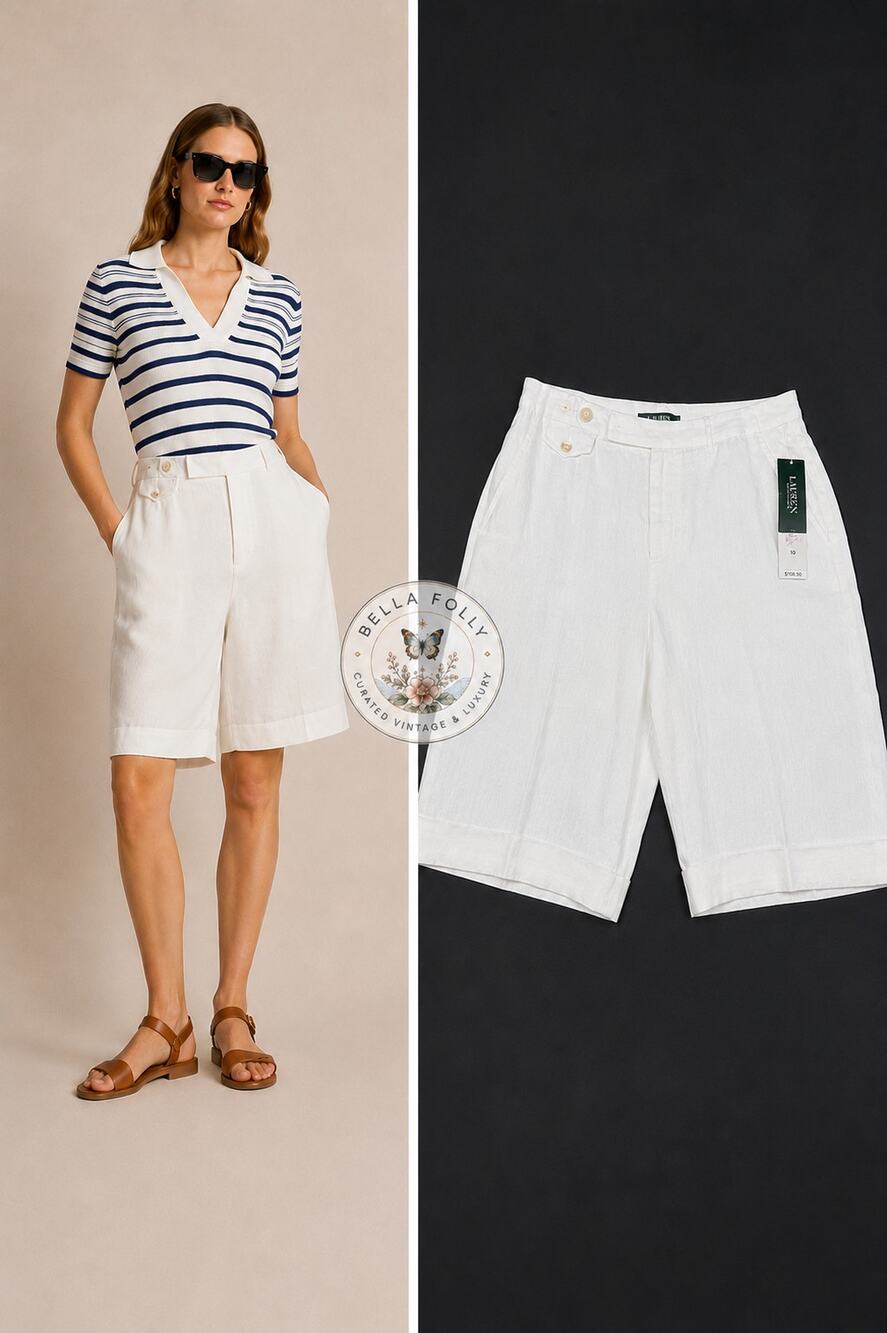 Lauren Ralph Lauren White Linen Bermuda Shorts High Rise 10 Coastal Grandma NWT